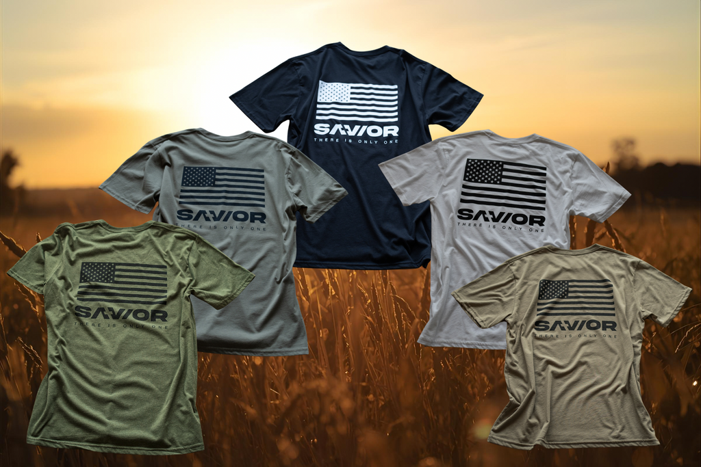Five 'Savior' branded t-shirts in different colors against a sunset background.